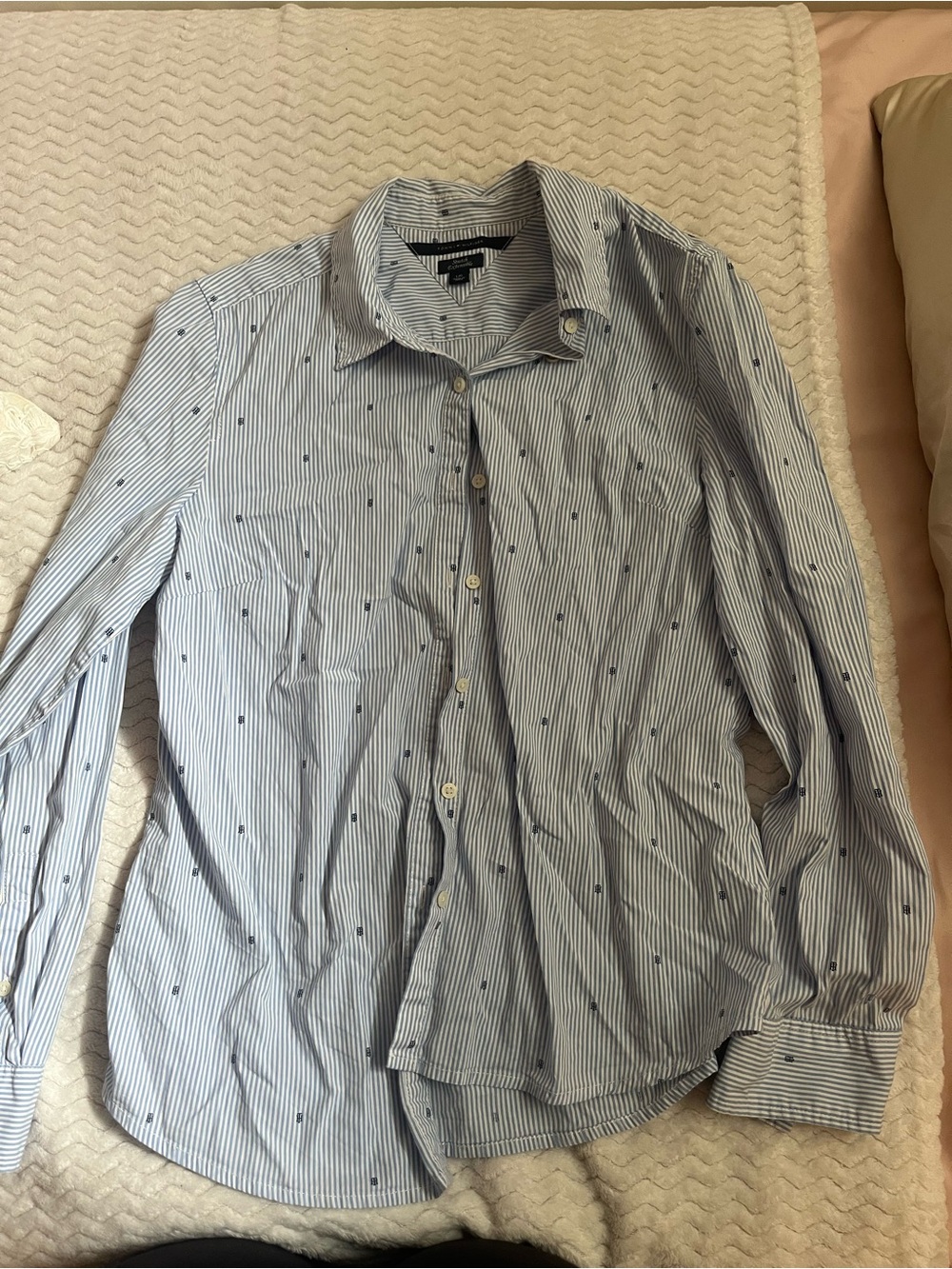 Women’s Baby Blue Striped Button-Down Shirt with Monogram Pattern